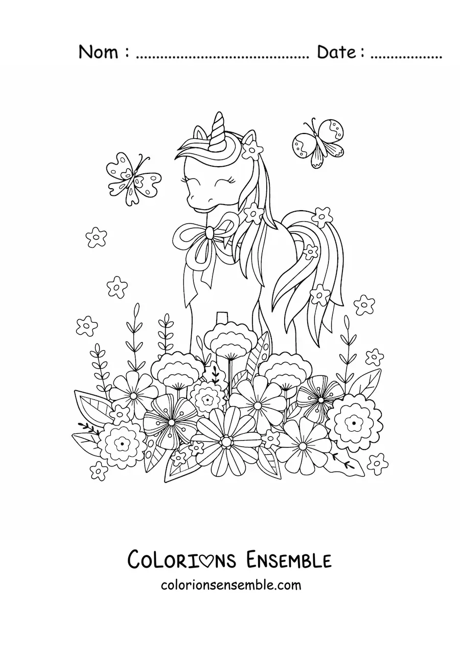 Image à colorier d'une licorne kawaii avec des fleurs et des papillons