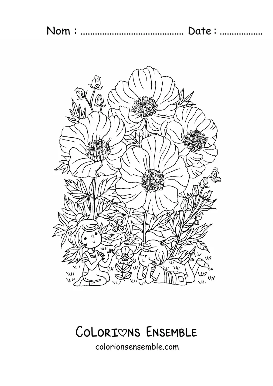 Image à colorier de coquelicots avec des enfants kawaii