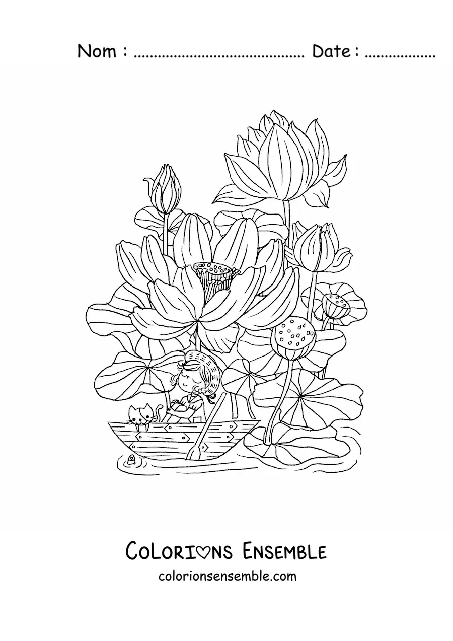 Image à colorier d'une fleur de lotus avec une fille kawaii