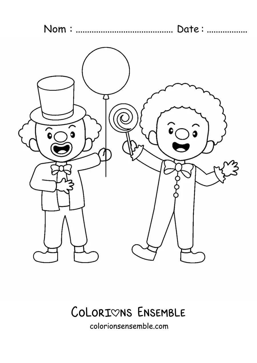 Image à colorier de deux clowns avec une sucette et un ballon