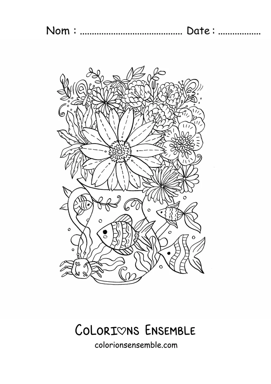 Image à colorier d'un vase de fleurs avec des poissons kawaii