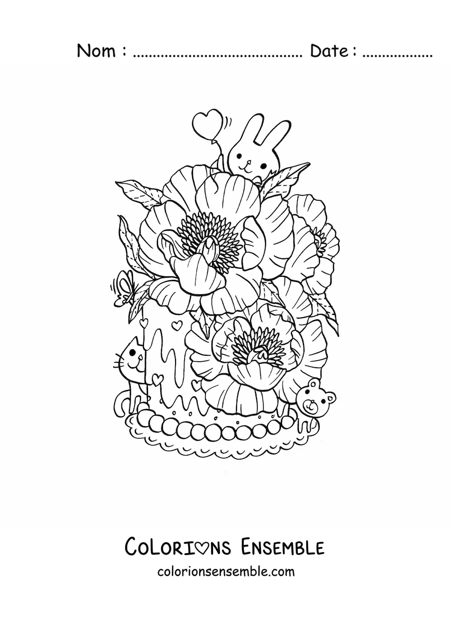 Image à colorier d'un gâteau fleuri avec un lapin et un chat kawaii
