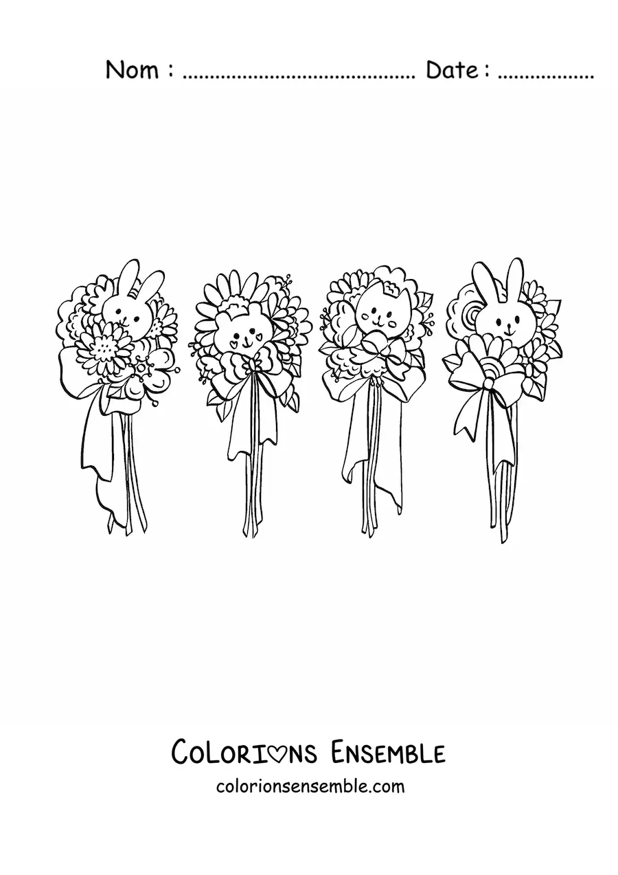 Image à colorier de fleurs avec des lapins et un chat kawaii