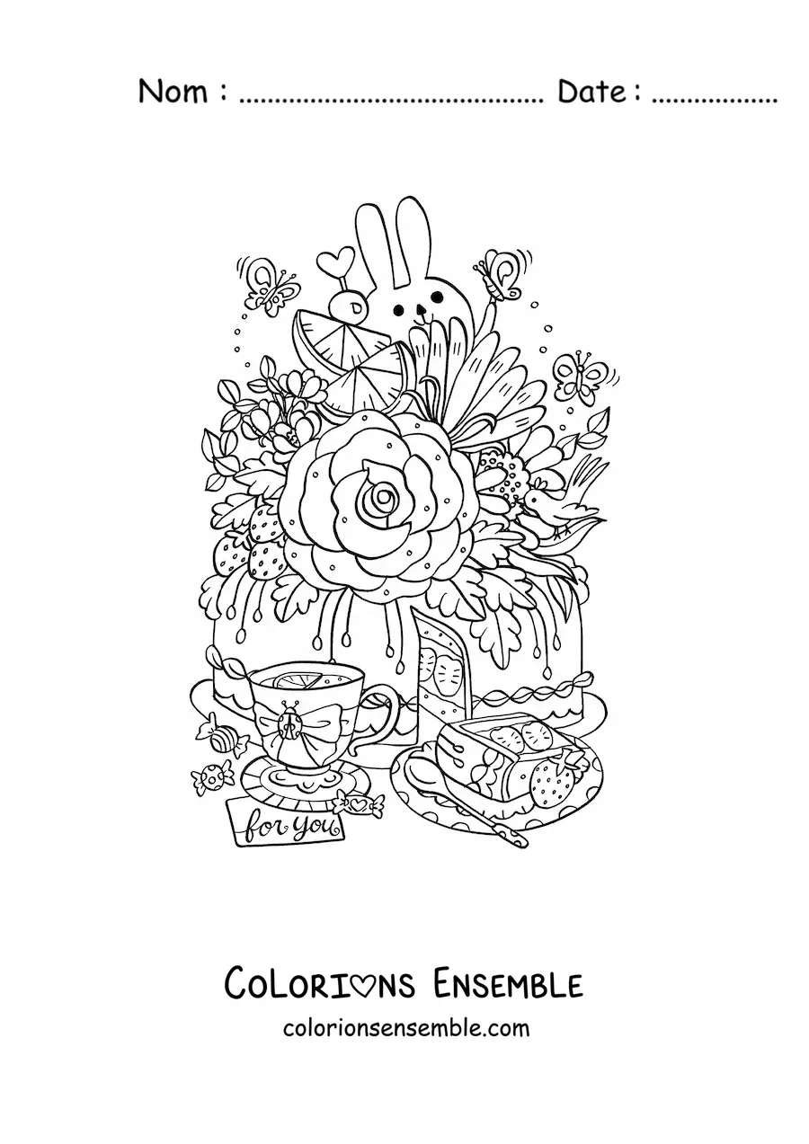 Image à colorier d'un gâteau fleuri et d'une tasse de thé avec un lapin kawaii