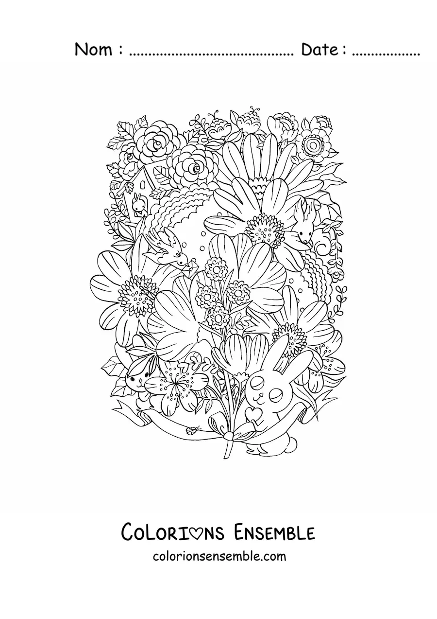 Image à colorier de fleurs avec des lapereaux kawaii et des animaux