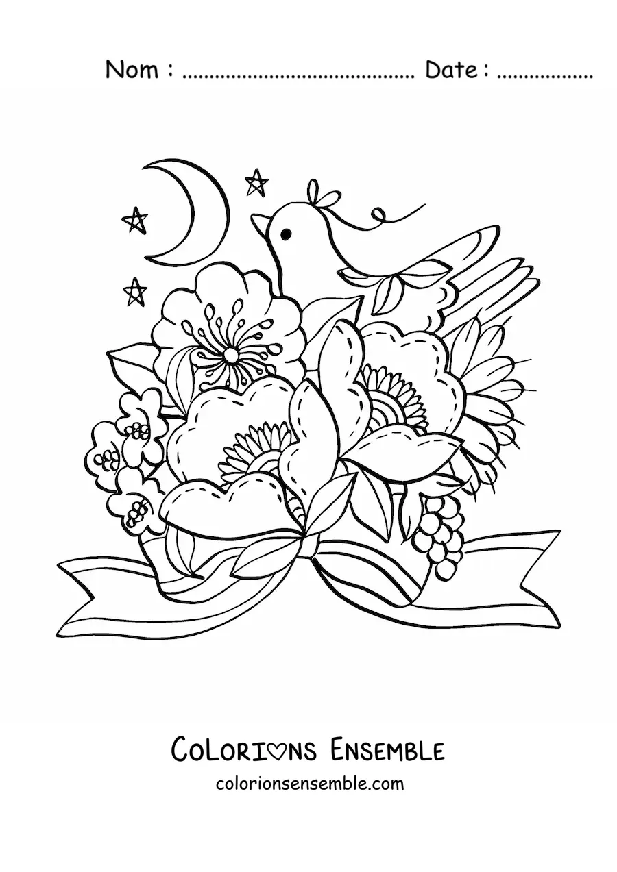 Image à colorier de belles fleurs avec une colombe kawaii et la Lune
