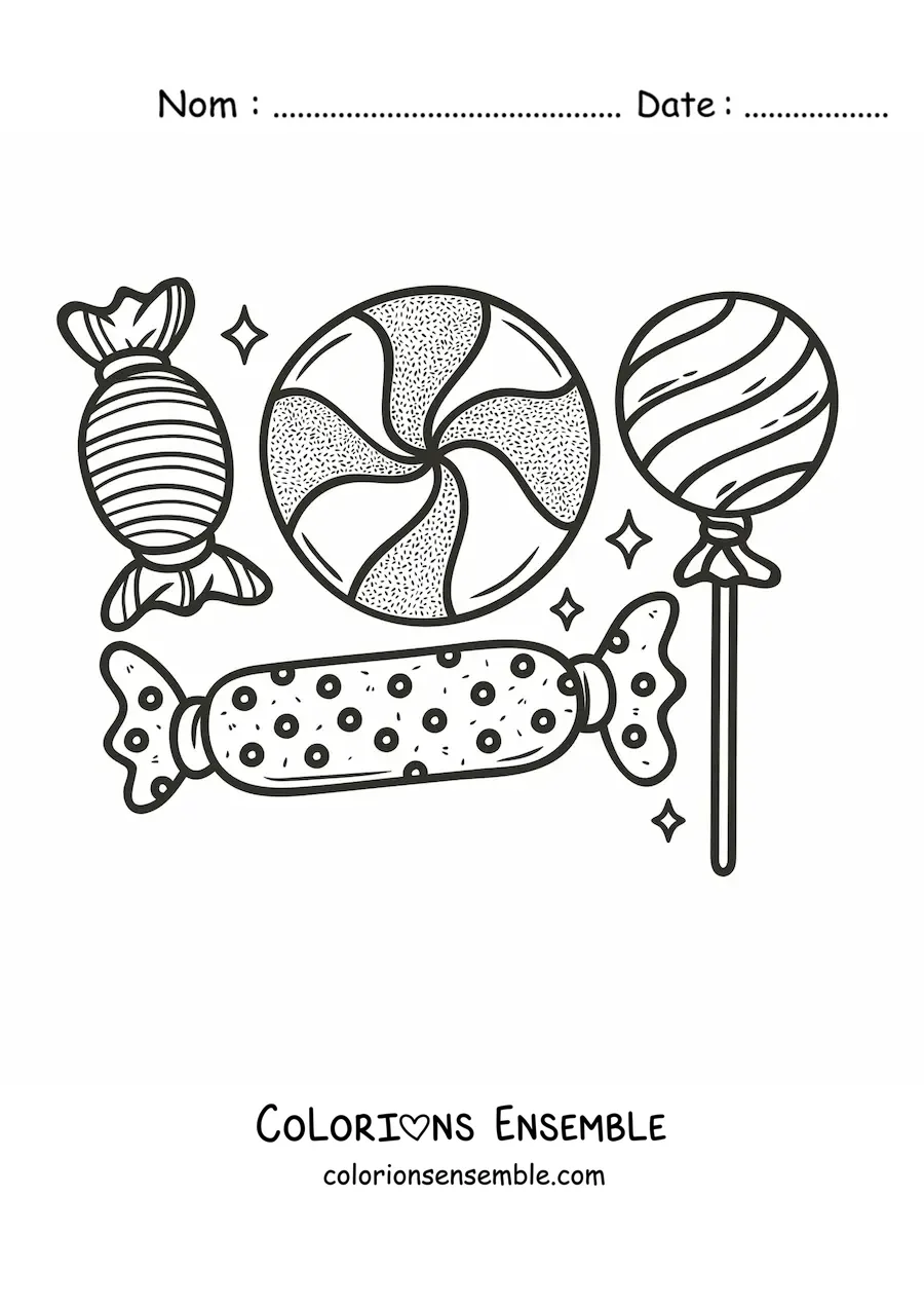 Image à colorier d'une sucette et de bonbons emballés