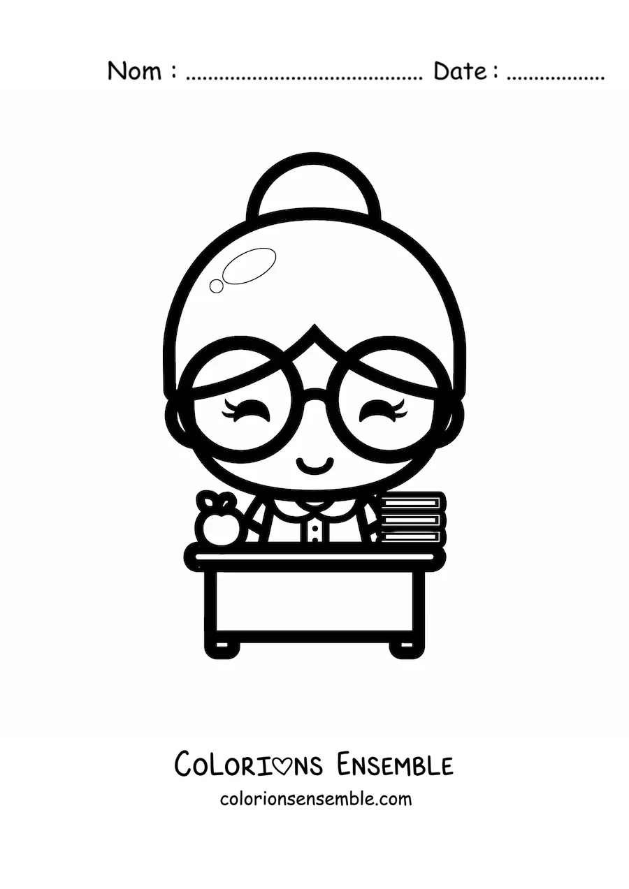 Image à colorier d'une maîtresse kawaii à son bureau avec une pomme