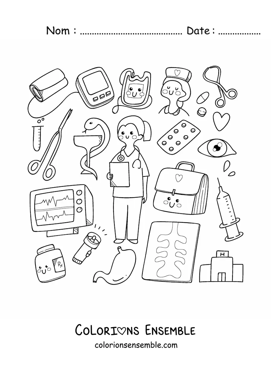 Image à colorier d'une docteure kawaii avec des objets de dessin animé