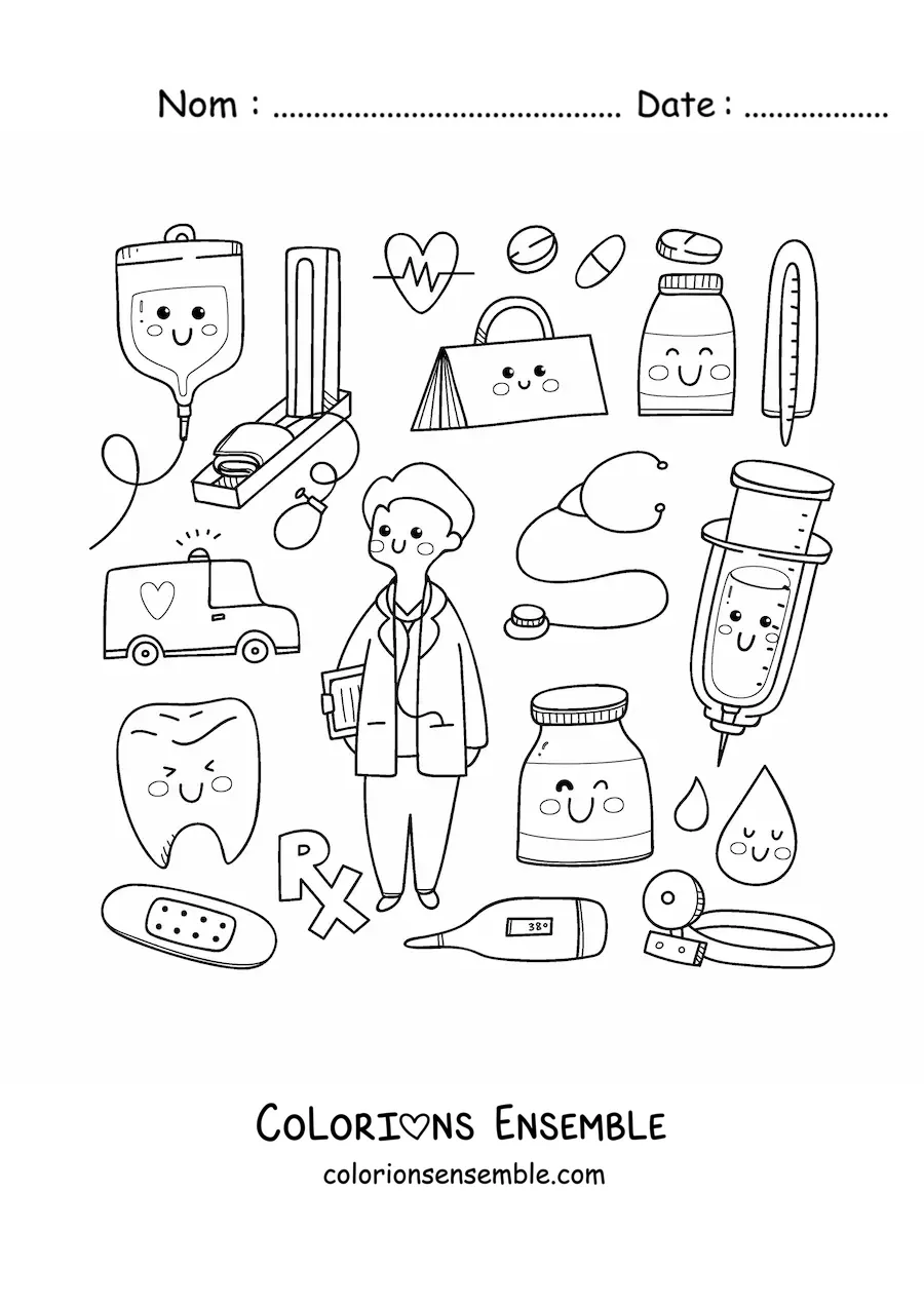 Image à colorier d'un docteur kawaii avec des objets de dessin animé