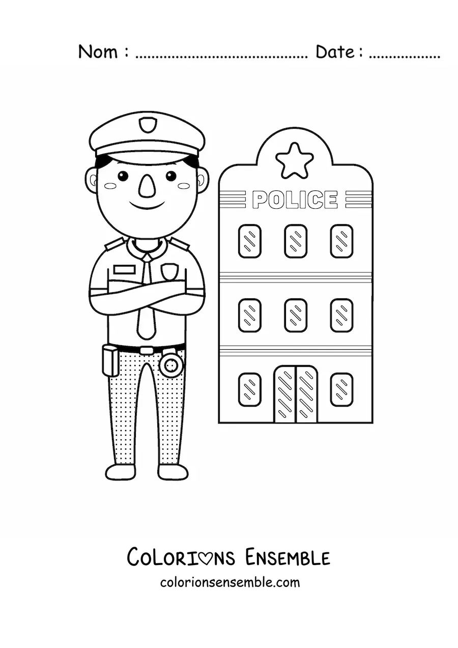 Image à colorier d'un policier kawaii devant le commissariat