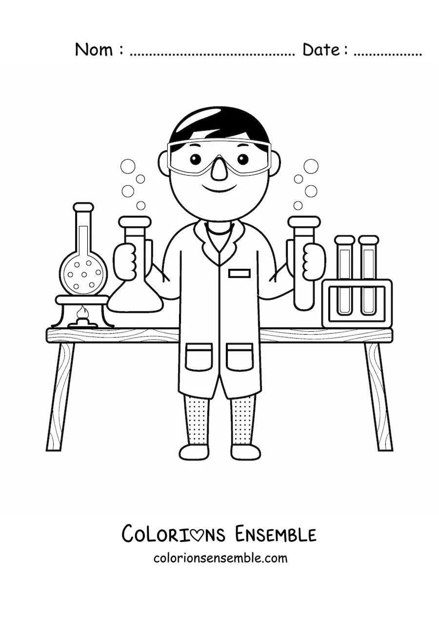 Image à colorier d'un scientifique kawaii dans son laboratoire