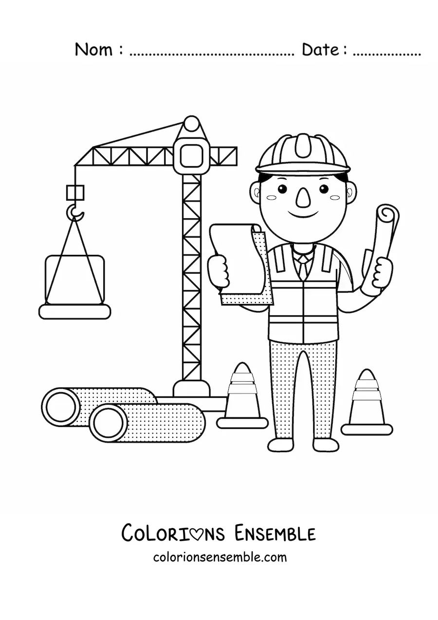 Image à colorier d'un ingénieur civil kawaii à côté d'une grue sur le chantier