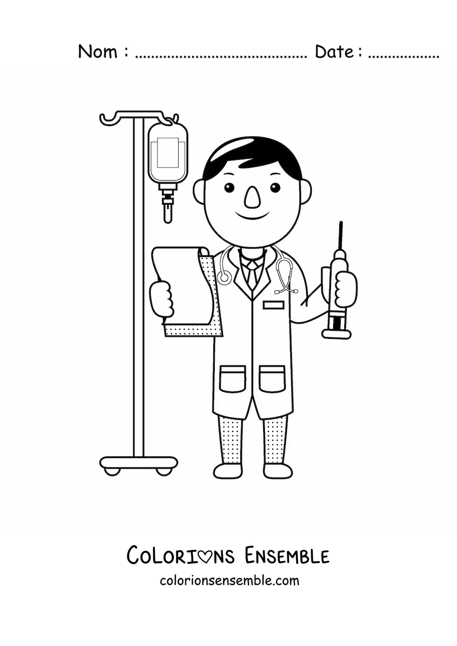 Image à colorier d'un docteur kawaii avec une seringue