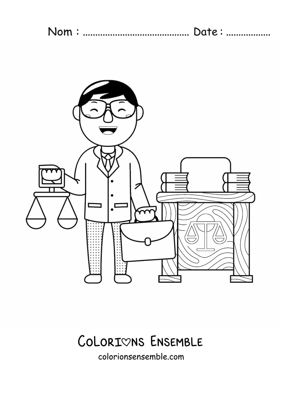Image à colorier d'un avocat kawaii avec une balance et une mallette dans son bureau
