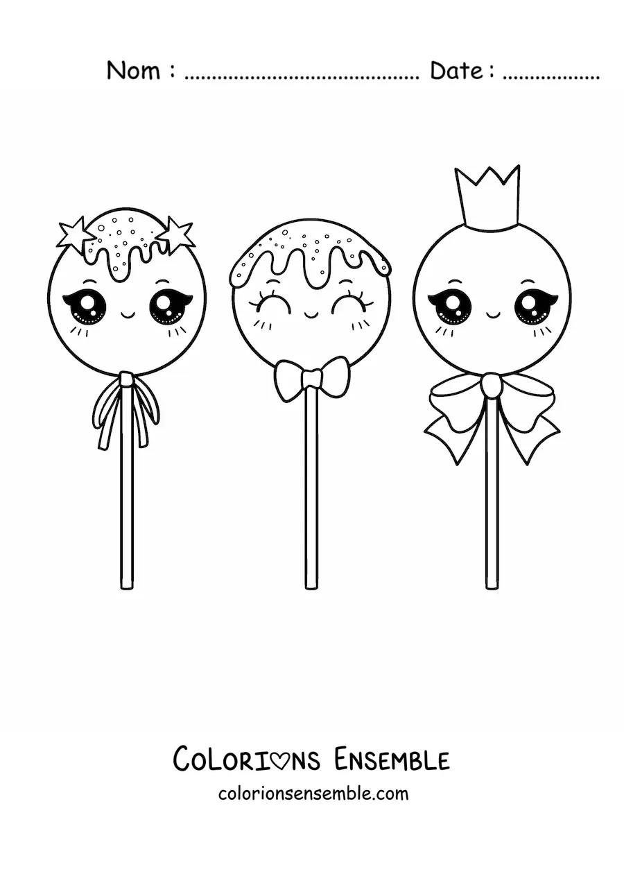 Image à colorier de trois sucettes kawaii avec des nœuds et une couronne