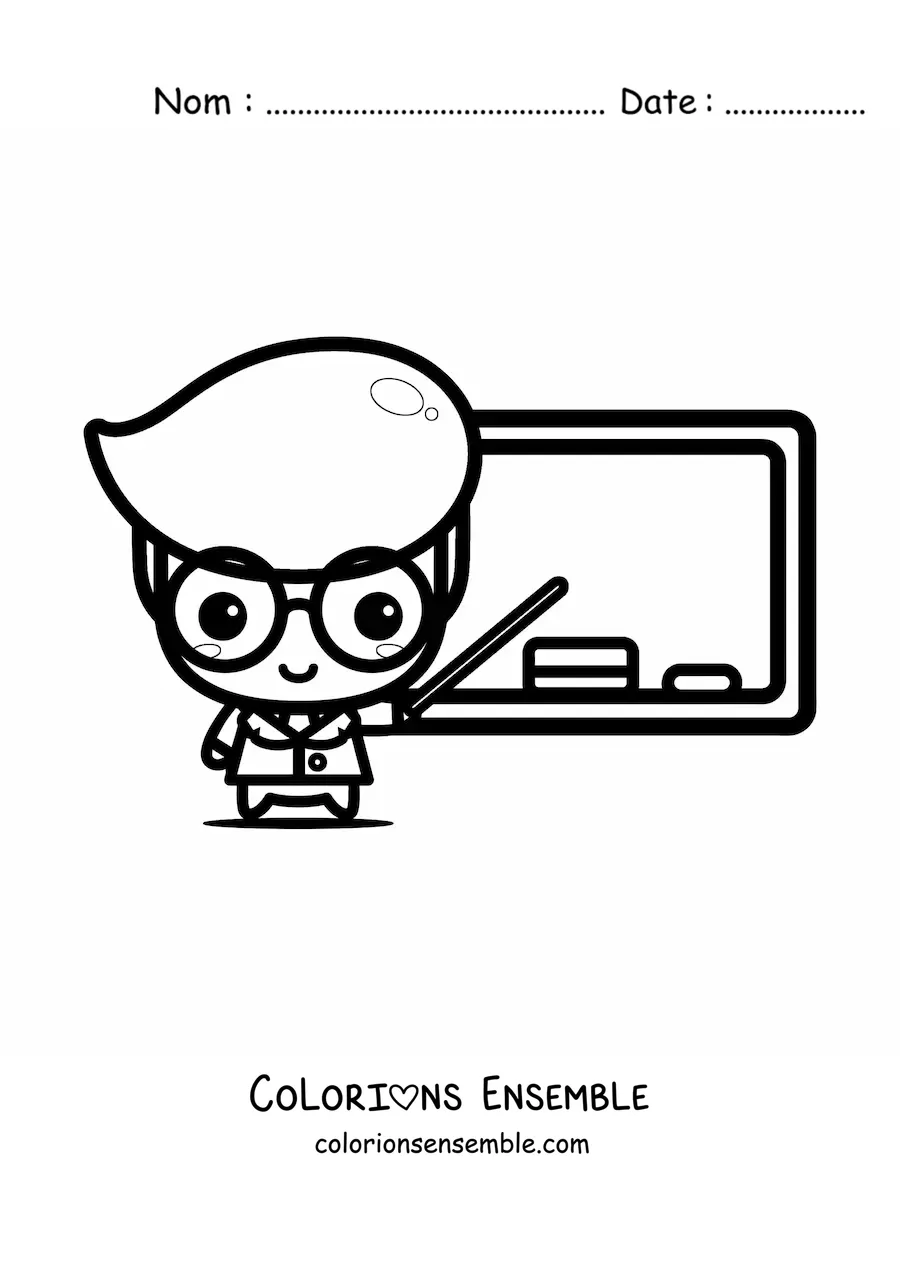 Image à colorier d'un professeur kawaii qui fait cours devant le tableau