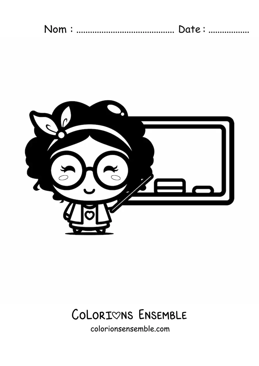 Image à colorier d'une professeure kawaii qui fait cours devant le tableau