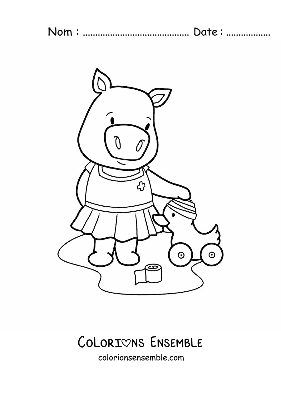 Image à colorier d'une petite cochonne kawaii qui joue à l'infirmière