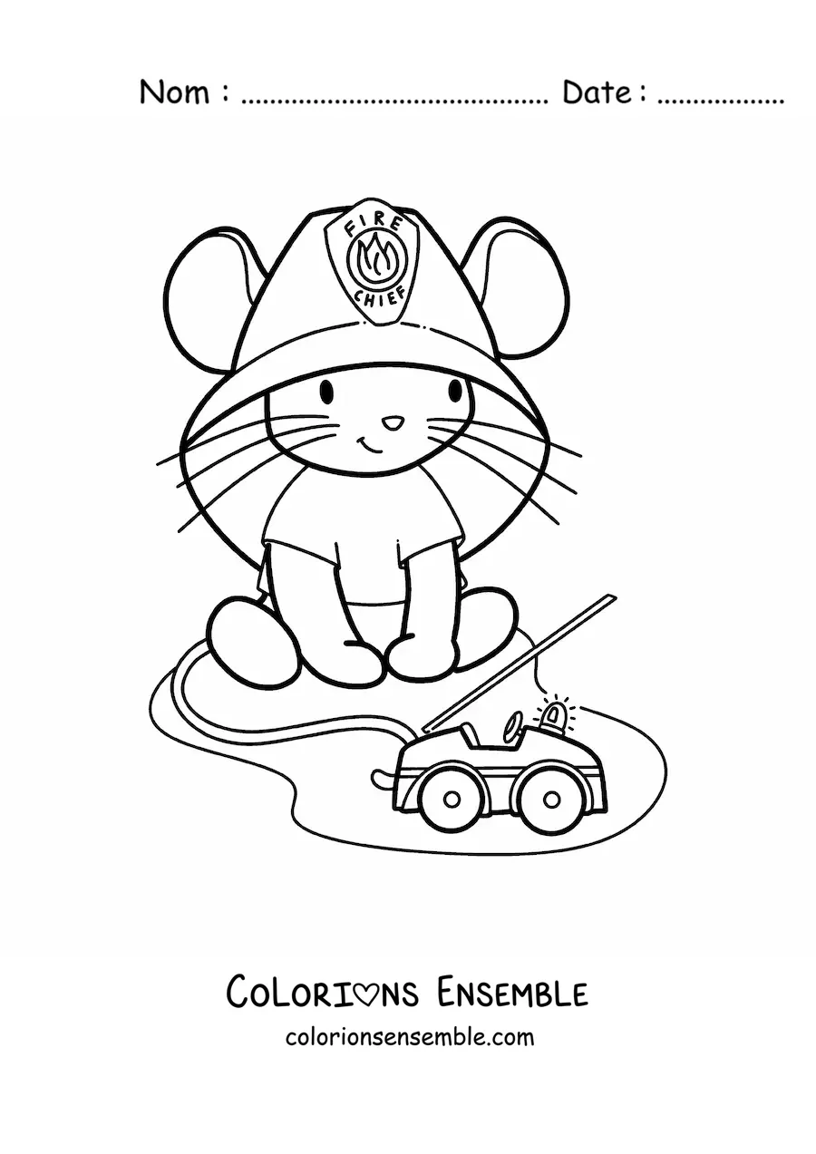 Image à colorier d'une petite souris kawaii qui joue au pompier