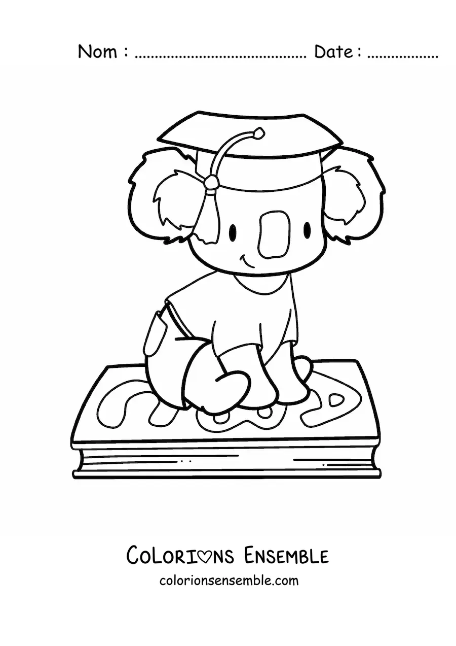 Image à colorier d'un koala kawaii avec une toque de diplômé assis sur un livre