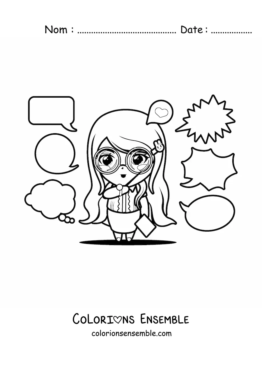 Image à colorier d'une maîtresse kawaii qui fait cours