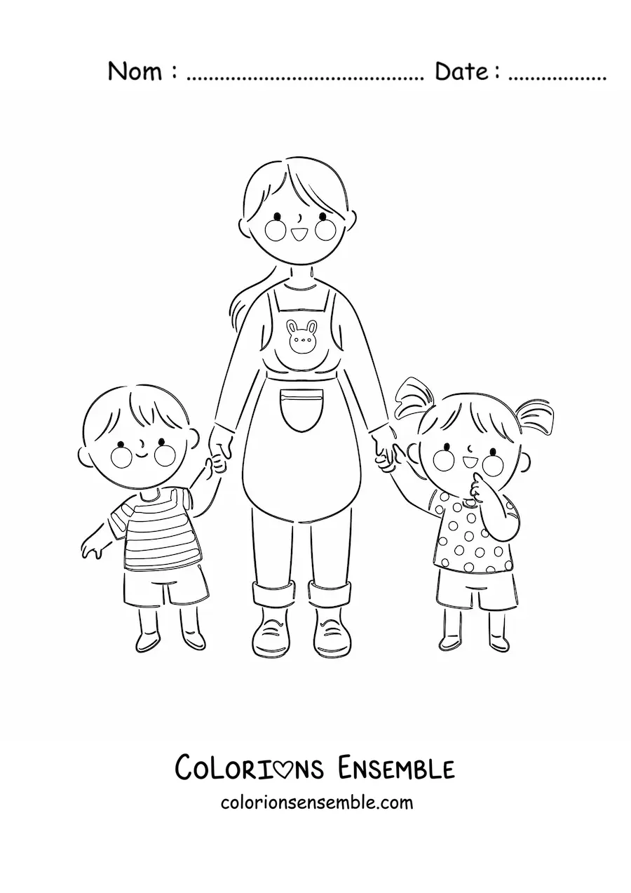 Image à colorier d'une maîtresse et de ses élèves de maternelle