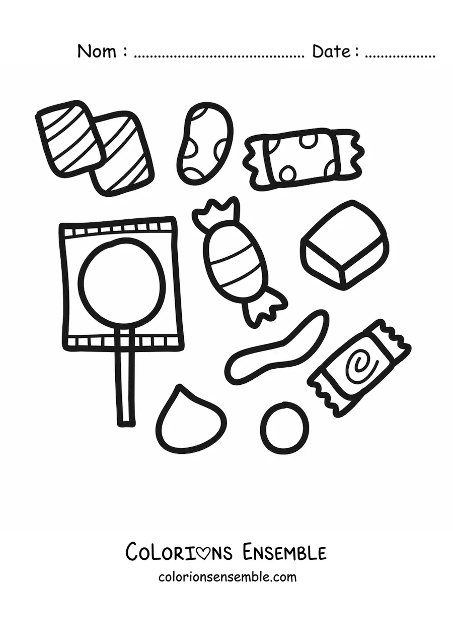 Image à colorier de plusieurs sucettes et bonbons emballés