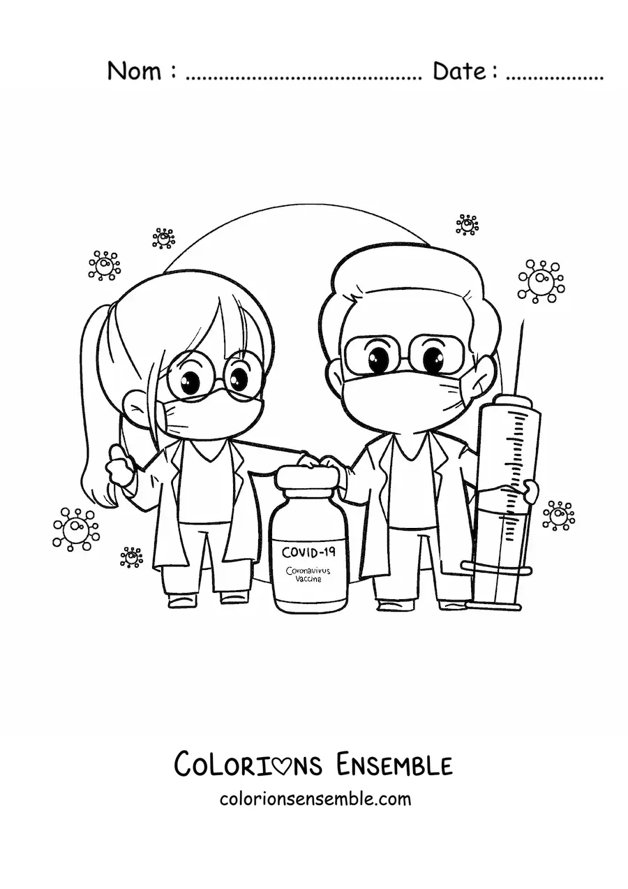 Image à colorier de médecins kawaii avec le vaccin contre le coronavirus