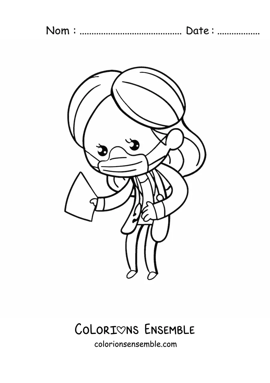 Image à colorier d'une femme médecin kawaii avec un masque