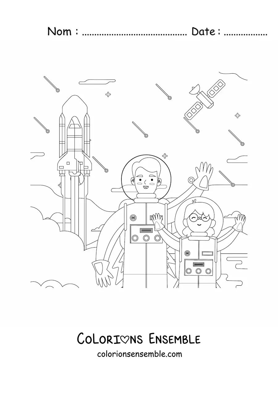 Image à colorier d'une fille astronaute avec une fusée qui décolle