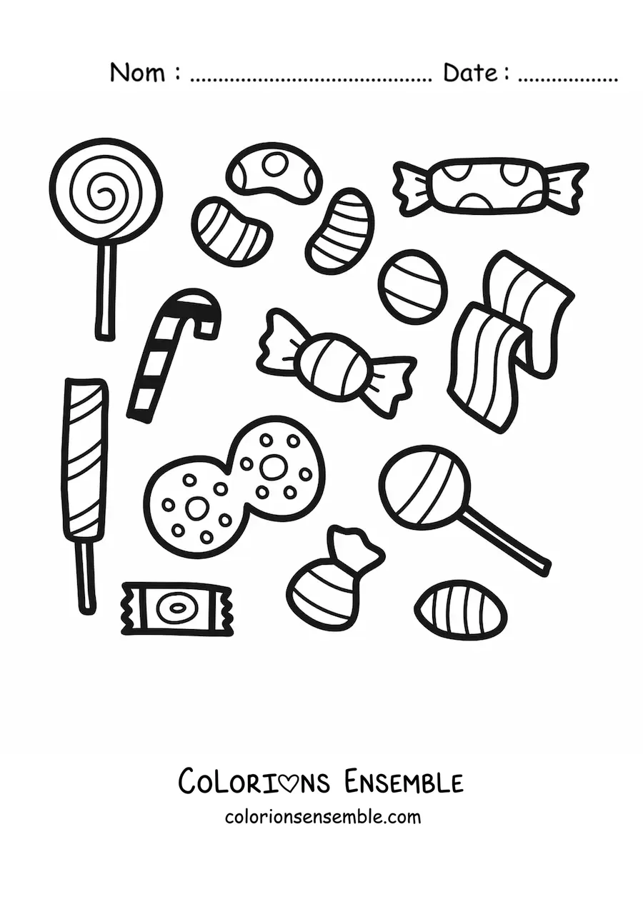 Image à colorier de plusieurs sucettes et bonbons emballés