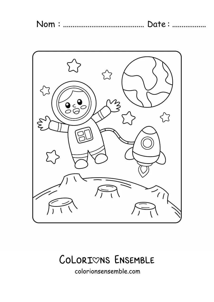 Image à colorier d'un astronaute de dessin animé sur la Lune