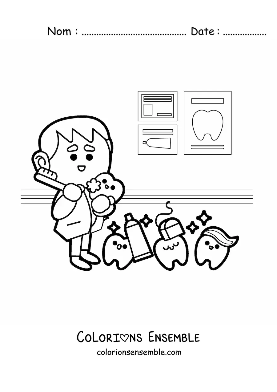 Image à colorier d'un dentiste et de dents kawaii qui font la promotion de l'hygiène dentaire