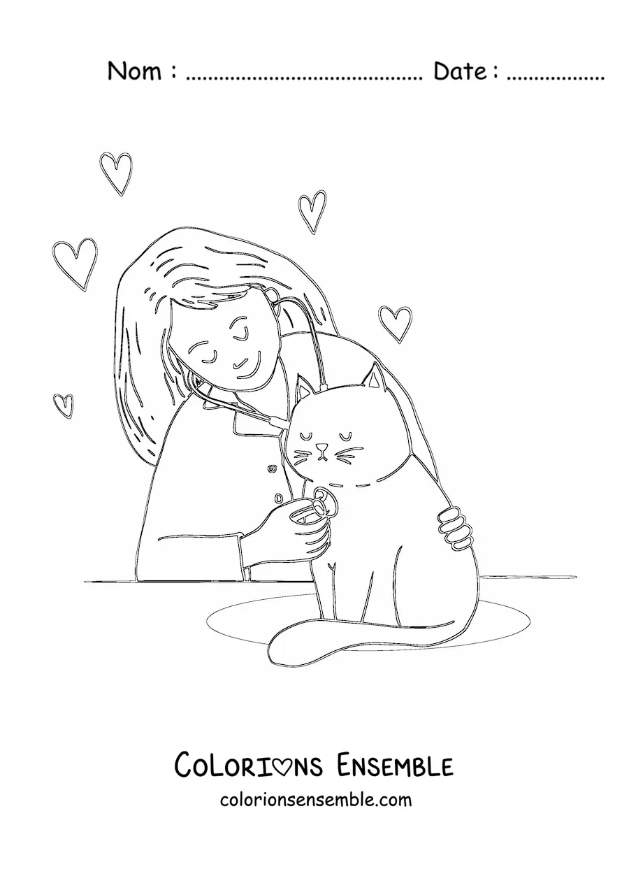 Image à colorier d'une vétérinaire qui examine un chat