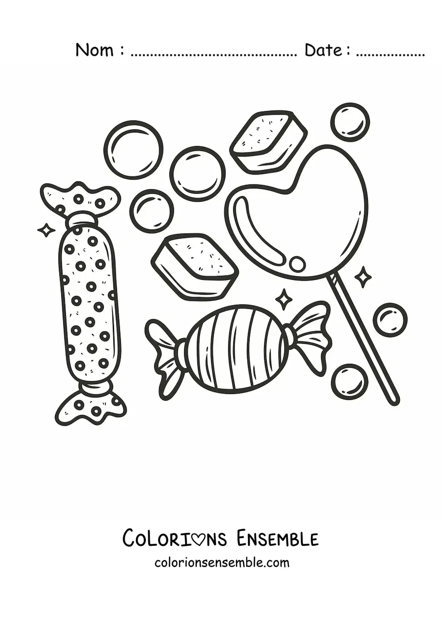 Image à colorier d'une sucette en forme de cœur, de biscuits et de bonbons