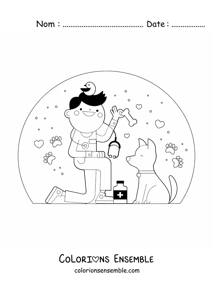 Image à colorier d'un vétérinaire de dessin animé avec un chien