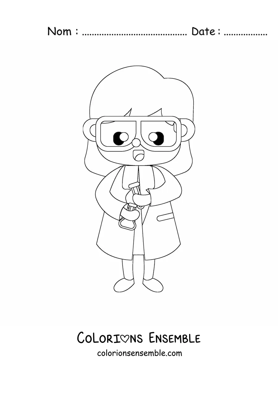 Image à colorier d'une femme scientifique kawaii qui mélange des produits chimiques