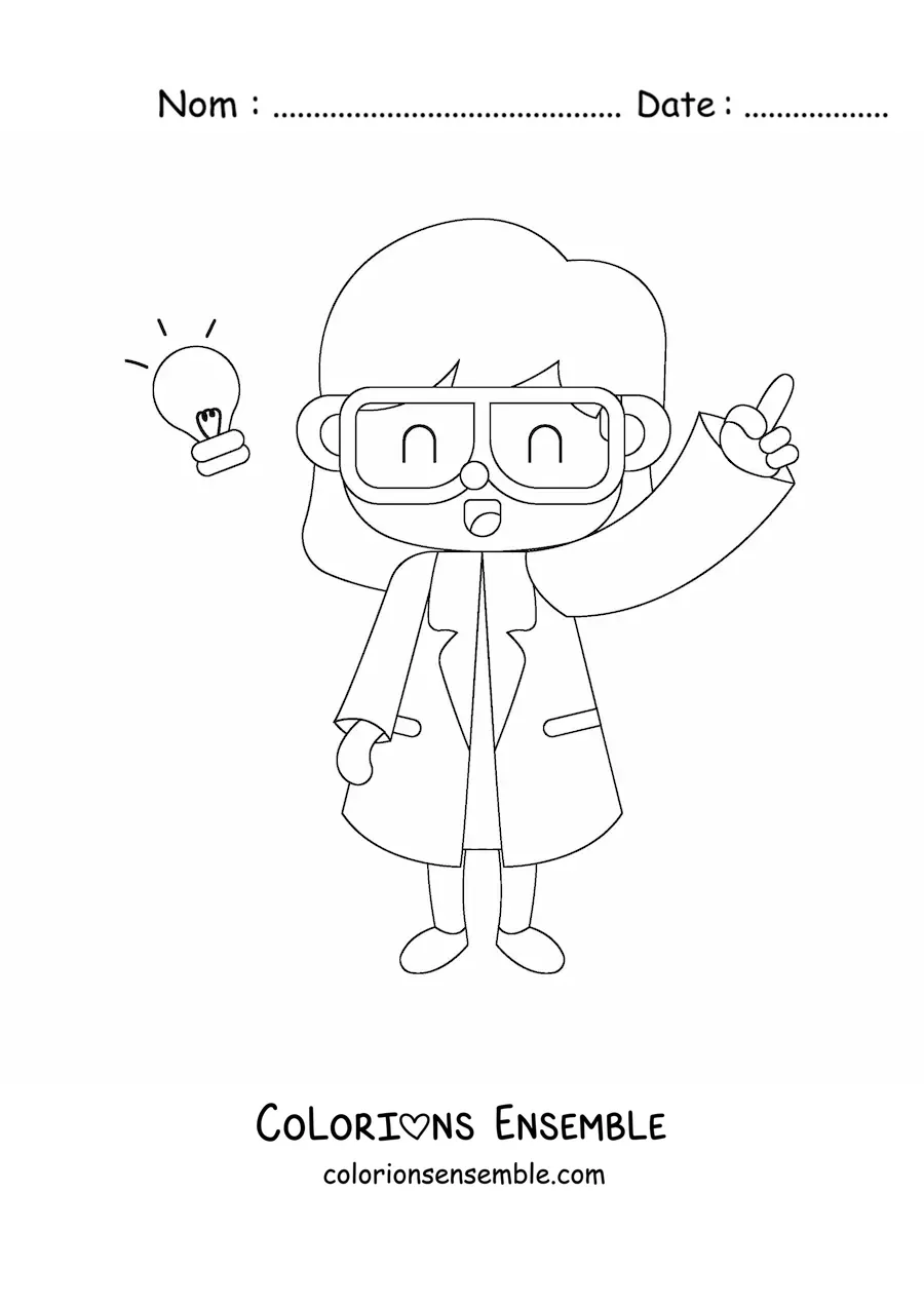 Image à colorier d'une femme scientifique kawaii qui a une idée