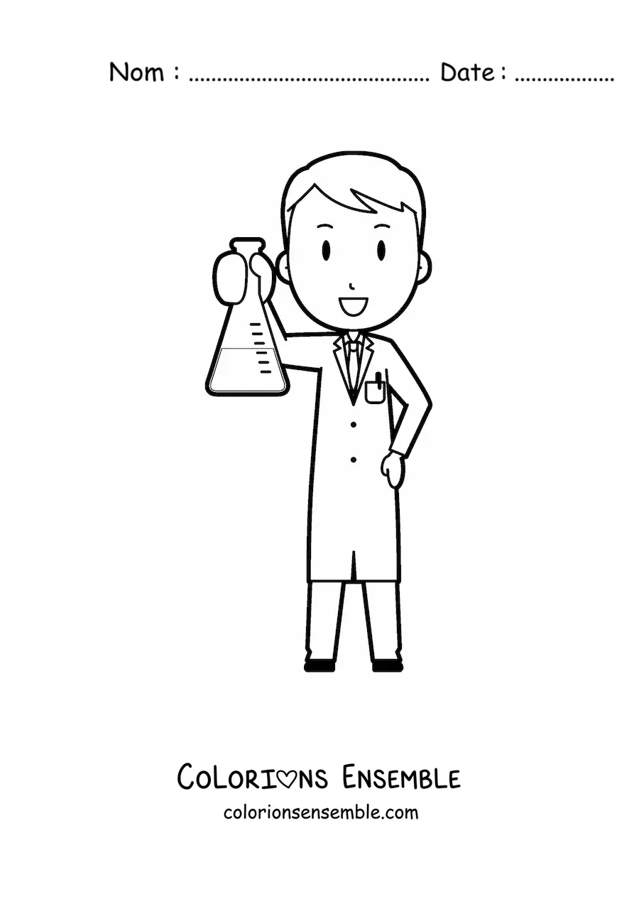 Coloriage d'un scientifique en dessin animé avec une fiole d'Erlenmeyer