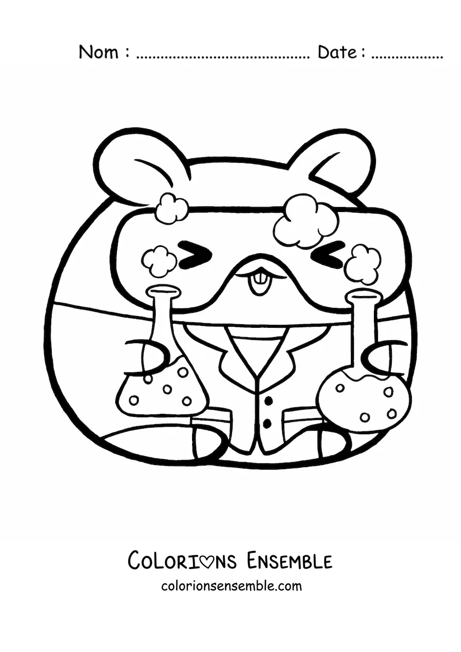 Image à colorier d'un hamster scientifique kawaii avec des produits chimiques et des lunettes de sécurité