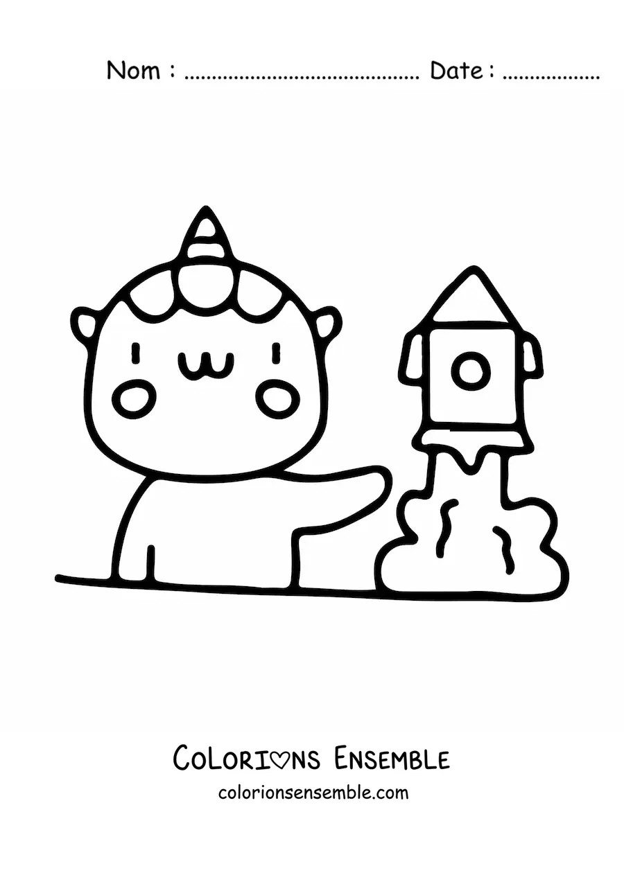 Image à colorier d'une licorne kawaii qui étudie une fusée