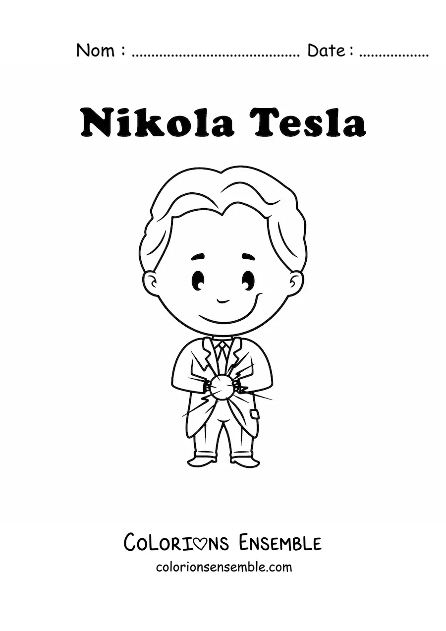 Image à colorier de Nikola Tesla en version kawaii