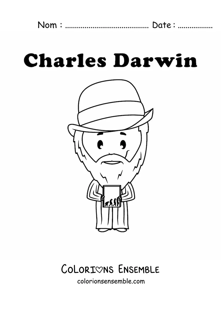 Image à colorier de Charles Darwin en version kawaii