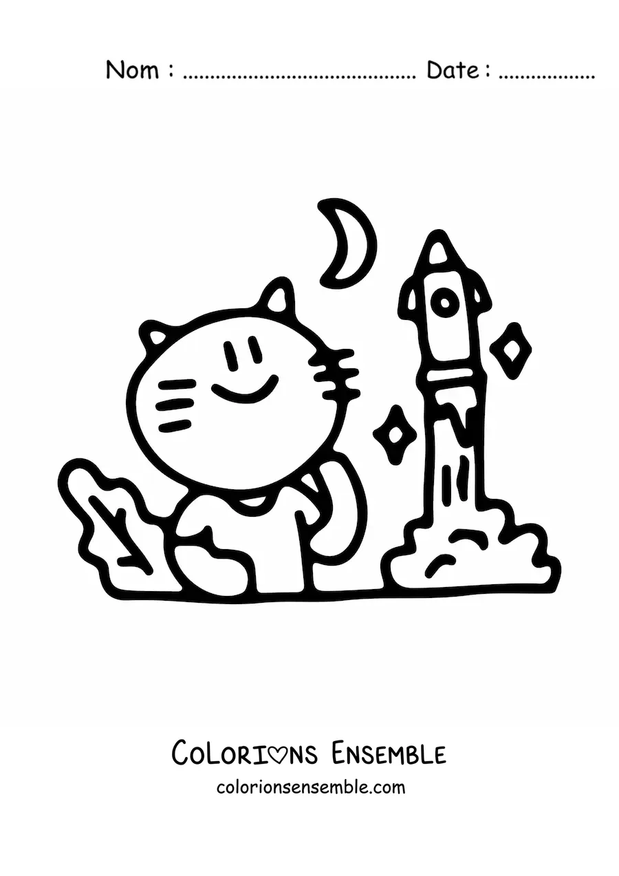 Image à colorier d'un chat kawaii qui étudie une fusée