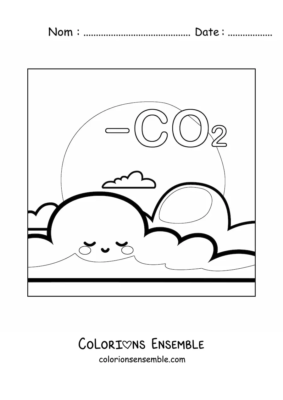 Image à colorier de la planète Terre kawaii avec du dioxyde de carbone dans l'atmosphère