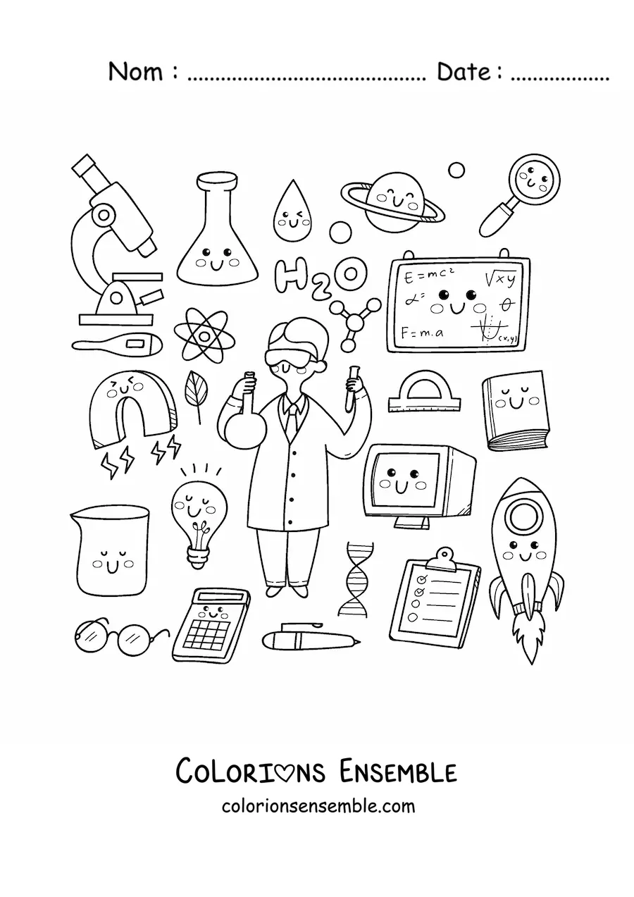 Coloriage d'un scientifique entouré de jolis objets kawaii