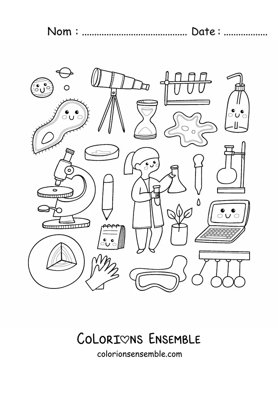 Coloriage d'une femme scientifique entourée de jolis objets kawaii