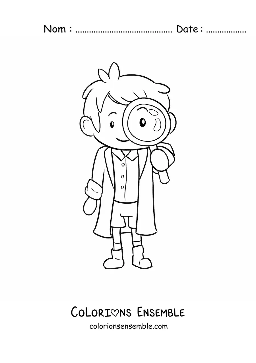 Coloriage d'un scientifique kawaii avec une loupe