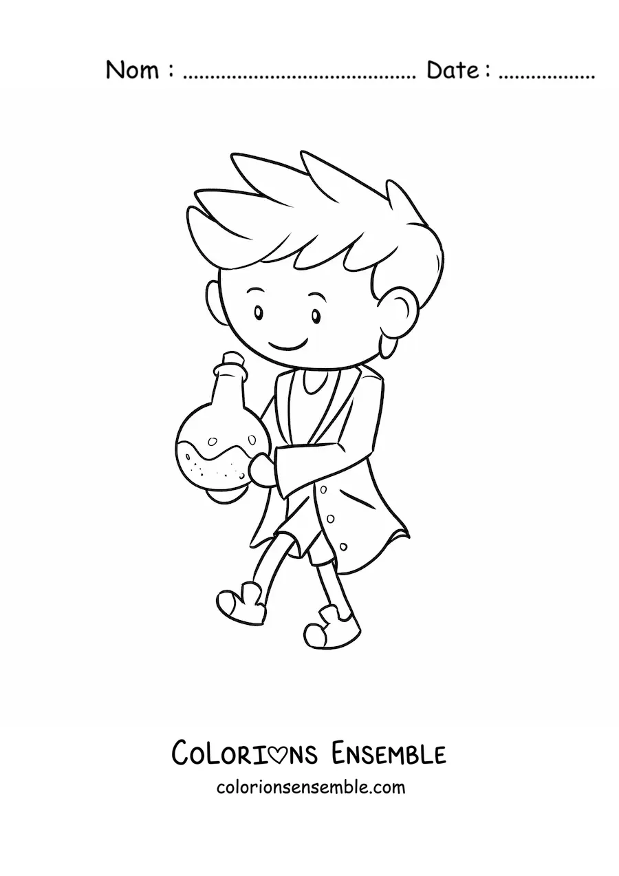Coloriage d'un scientifique kawaii avec un produit chimique